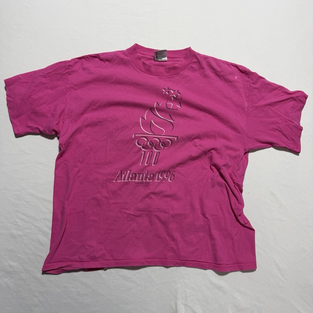 Vintage 1996 Atlanta Olympics T-Shirt XL Hot Pink Oneita USA 100th Anniversary